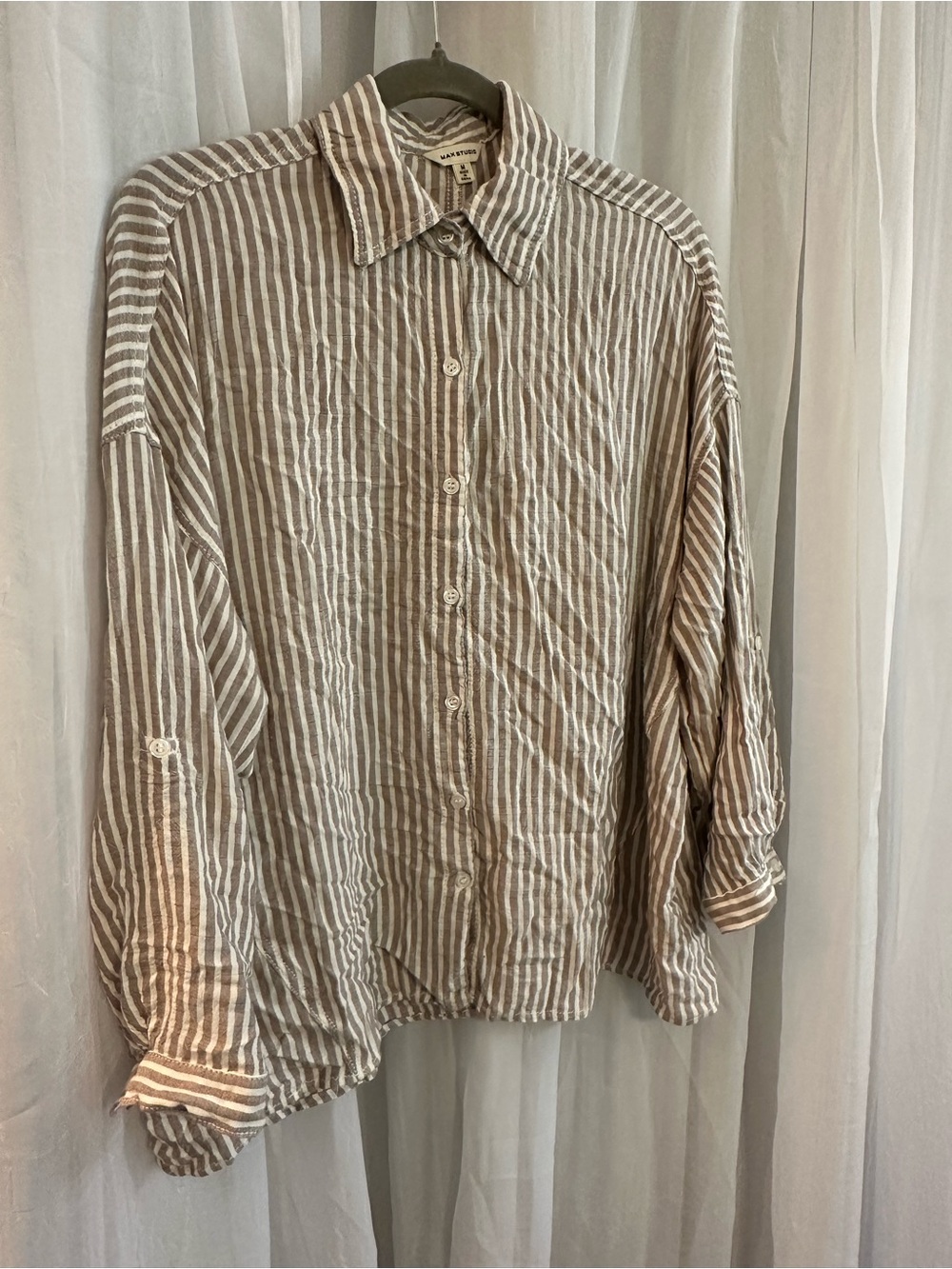 Max Studio Beige and White Striped Button-Down Shirt rayon and cotton blend